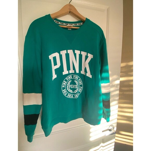 PINK Victoria’s Secret logo crew neck teal green sweatshirt medium long sleeve - Picture 2 of 11